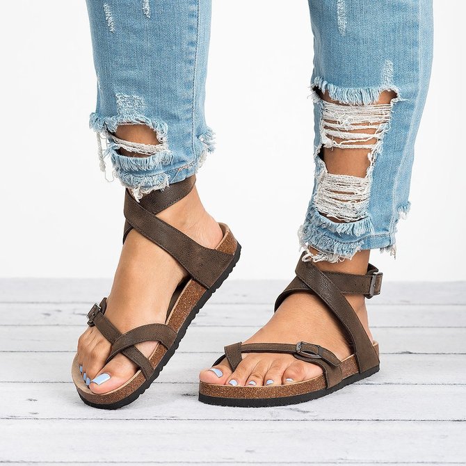 Plus Size Ankle Strap Buckle Flip Flop Gladiator Thong Flat Sandals Womens Shoes Plus Size 0380